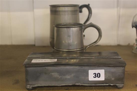 Georgian pewter pen box & 2 pewter tankards